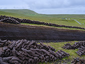 Traditional peat cutting, peat is still used as fuel for fireplaces, on the island Foula, part of Shetland Islands. Europe, Great Britain, Scotland, Northern Isles,summer