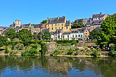 The tower of Saint-Julien cathedral and the old houses of the Plantagenet town, Sarthe river, Le Mans, Sarthe, France