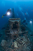 Divers and the wreck of the mine-spotting submarine Le Rubis. On January 31, 1958 she was sunk by Commandant Riffaud 3 km off Cap Camarat. Var. France.