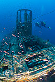Divers and the wreck of the mine-spotting submarine Le Rubis. On January 31, 1958 she was sunk by Commandant Riffaud 3 km off Cap Camarat. Var. France.