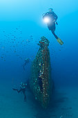 Divers and the wreck of the mine-spotting submarine Le Rubis. On January 31, 1958 she was sunk by Commandant Riffaud 3 km off Cap Camarat. Var. France.