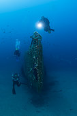 Divers and the wreck of the mine-spotting submarine Le Rubis. On January 31, 1958 she was sunk by Commandant Riffaud 3 km off Cap Camarat. Var. France.