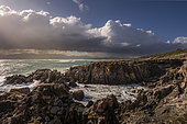 Powerful waves crash against rugged rocks at De Kelders, Western Cape, South Africa, under dramatic skies. The wild ocean and scenic coastline create a breathtaking seascape at sunset.