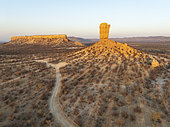 The Vingerklip (rock finger) and the Ugab Valley Terraces are surrounded by thornbush and mopane (Colophospermum mopane) savanna. Aerial view. Drone shot. Damaraland, Namibia.