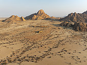The isolated Spitzkoppe mountain (1728 m) majestically rises above the surrounding desert plains. Aerial view. Drone shot. Damaraland, Namibia.