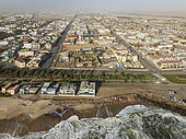 The coastal town of Swakopmund between Namib Desert and Atlantic Ocean. Aerial view. Namibia.