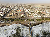 The coastal town of Swakopmund between Namib Desert and Atlantic Ocean. Aerial view. Namibia.