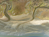 Marshes and streams at low tide in the Walvis Bay Lagoon. Aerial view. Drone shot. Namibia.
