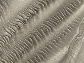 Patterns in the sand of the Namib Desert. Aerial view. Drone shot. Skeleton Coast National Park, Namibia.