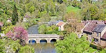 Les Alpes Mancelles, Saint Cénéri-le-Gérei, village classified as one of the most beautiful in France, here the old Roman-style bridge over the river Sarthe, Orne, Normandy, France