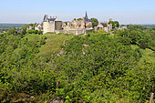 Sainte-Suzanne, medieval town that defied William the Conqueror, perched on a 70-metre rocky outcrop, one of the most beautiful villages in France, a small town full of character, view from the Tertre Ganne site, Mayenne, France