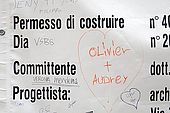 Love hearts written at a building site, Verona, Veneto, Italy