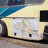Map of the island on the side of a local coach, Lesvos, Greece