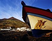 Italy, Sicily, Stromboli island. Painted fishing boat.