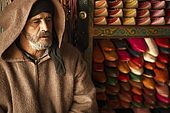 Leather trader in the medina, Fes, Morocco
