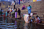 Bathing in the Ganges river at dawn along tha Dasaswamedh ghat, Varanasi's main ghat.