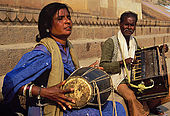 Musicians playing traditional indian songs along Varanasi's ghats.