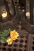 Interior detail of Riad El Yacout, traditional Moroccan riad, Fes, Morroco. Property released.