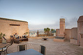 Terrace and vie of Fes, Riad Larrousa, traditional Moroccan riad, Fes, Morocco. Property released.