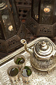 Green tea and tea set detail, Riad El Yacout, traditional Moroccan riad, Fes, Morroco. Property released.