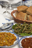 Traditional Moroccan salad dishes, Riad El Yacout, traditional Moroccan riad, Fes, Morocco. Property released.