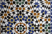 Courtyard tile detail, Riad Larrousa, traditional Moroccan riad, Fes, Morocco. Property released.