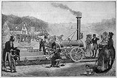 George Stephenson's locomotive, the Rocket, which won a prize given by the Liverpool and Manchester Railway Company. (1829)