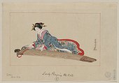 Lady playing the koto. Drawing shows a Japanese woman, full-length, lying on her side, facing left, playing the koto. Date 1878 Dec.