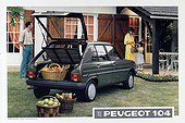 Affiche représentant une famille derrière une Peugeot 104 grise chargée d'achats en 1987.